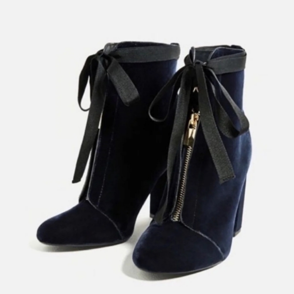 Zara Navy Ankle Boots with Black Ribbon